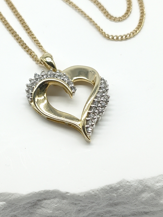 14k Yellow Gold Diamond Cluster Open Heart Pendant Necklace - Picture 4 of 13